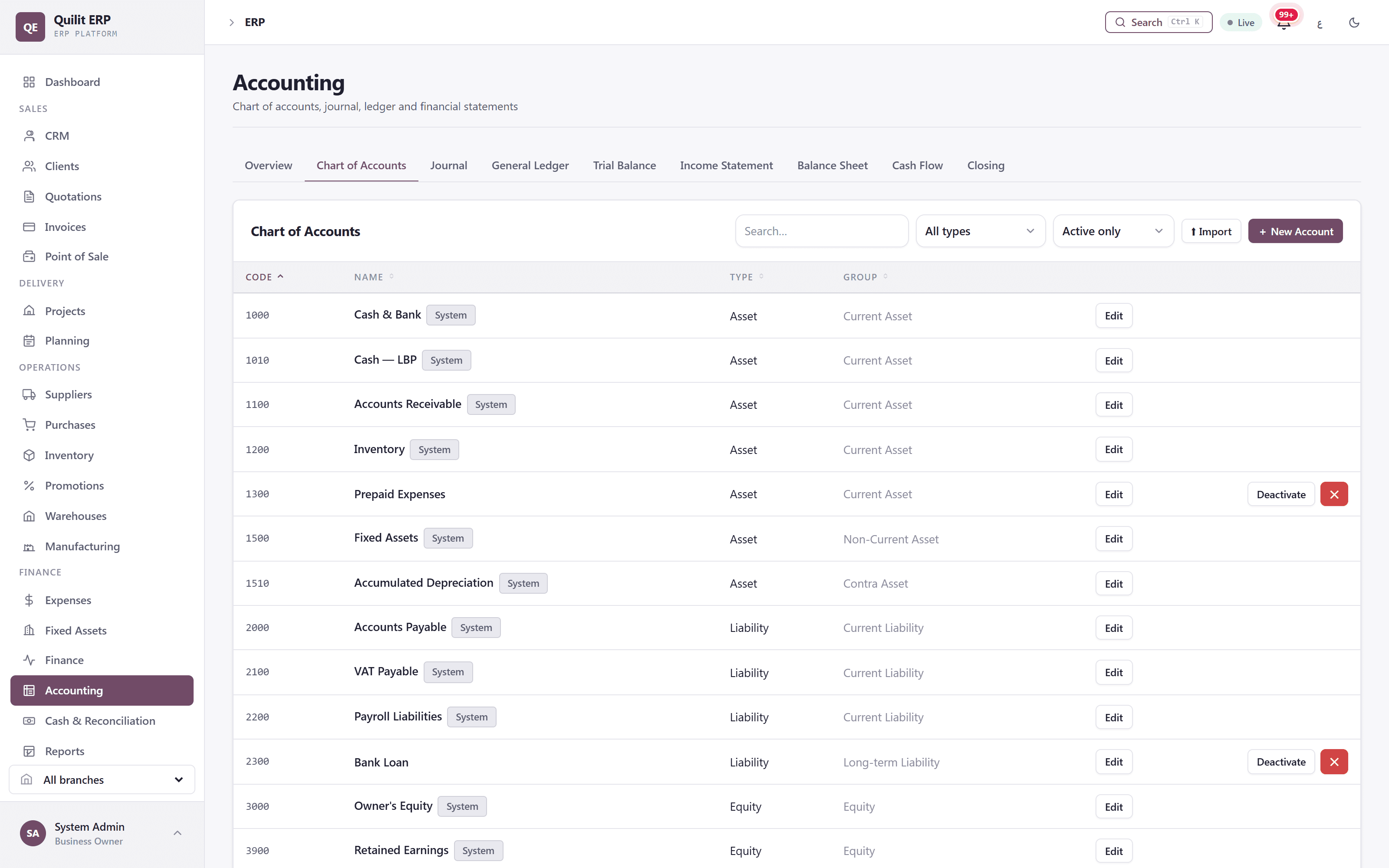 Quilit ERP — Accounting