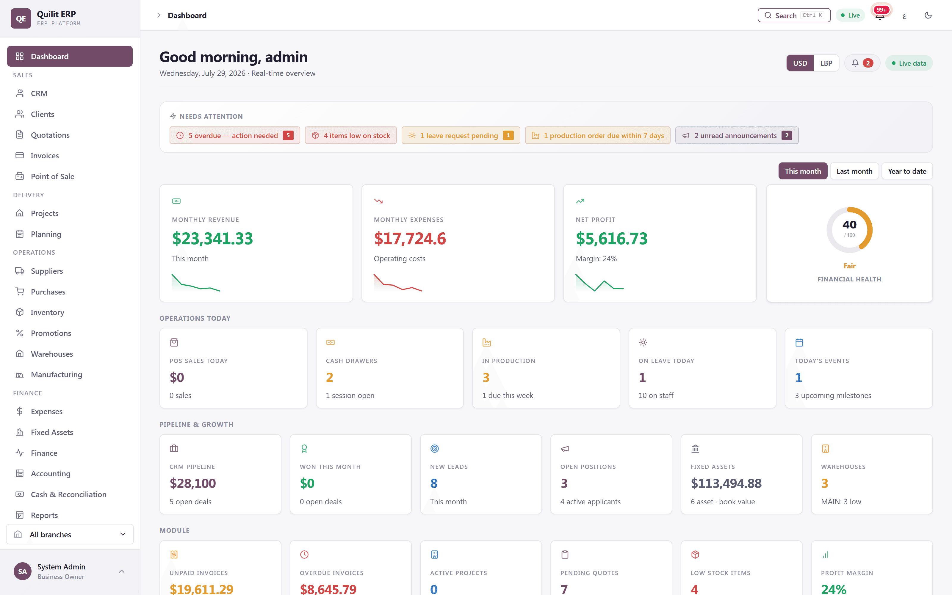 Quilit ERP — Dashboard