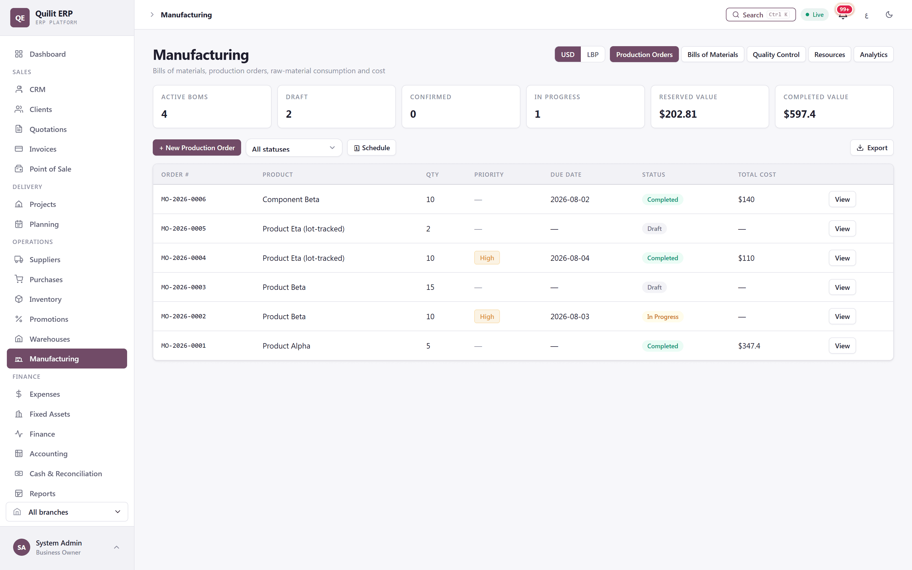 Quilit ERP — Manufacturing